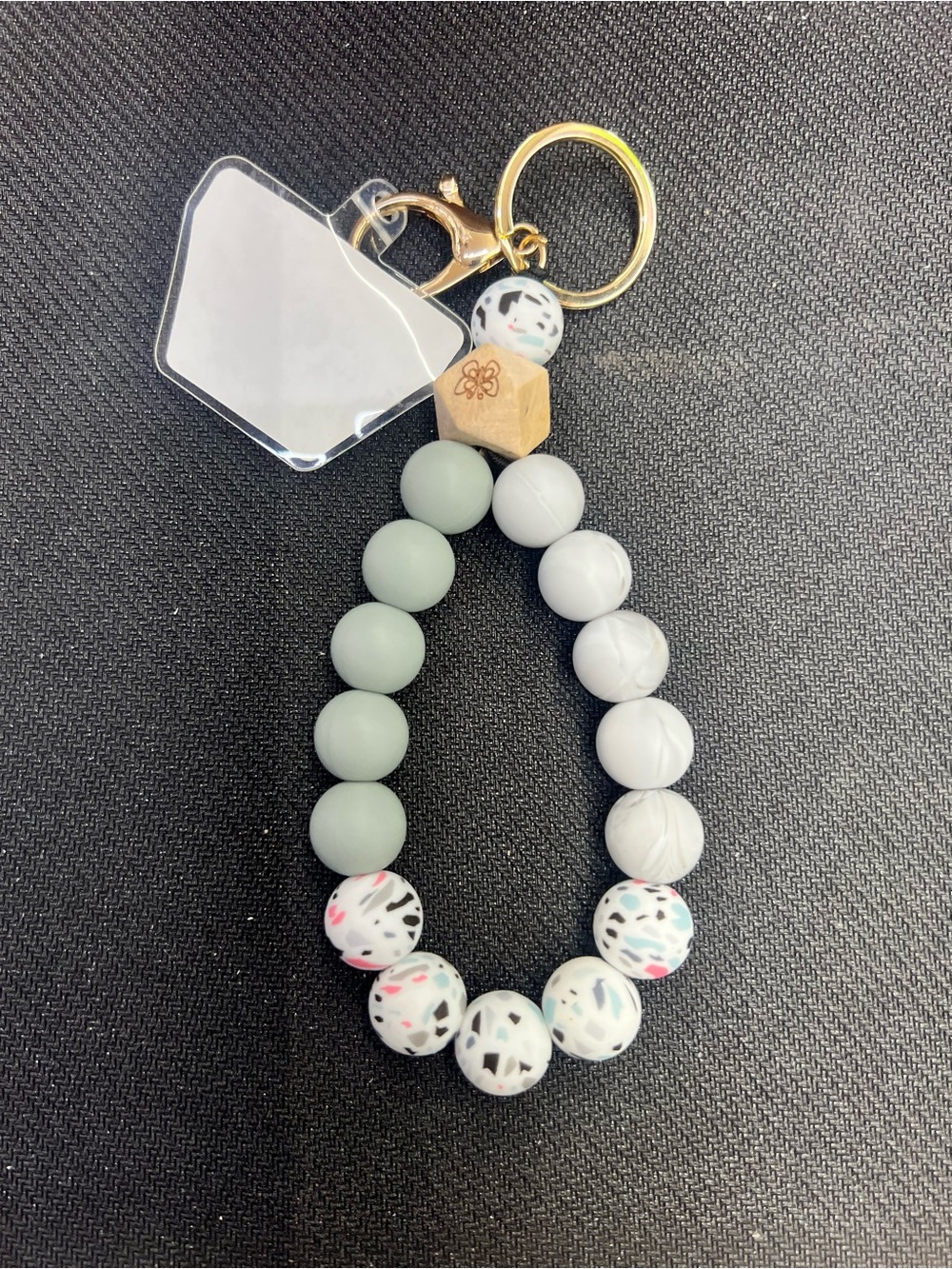 Beaded Silicone Keyring Wristlet in Sage, Light Gray & Confetti